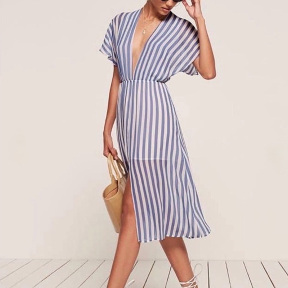 Reformation Dresses & Skirts - Reformation Blue and White Striped V-Neck Midi Dress